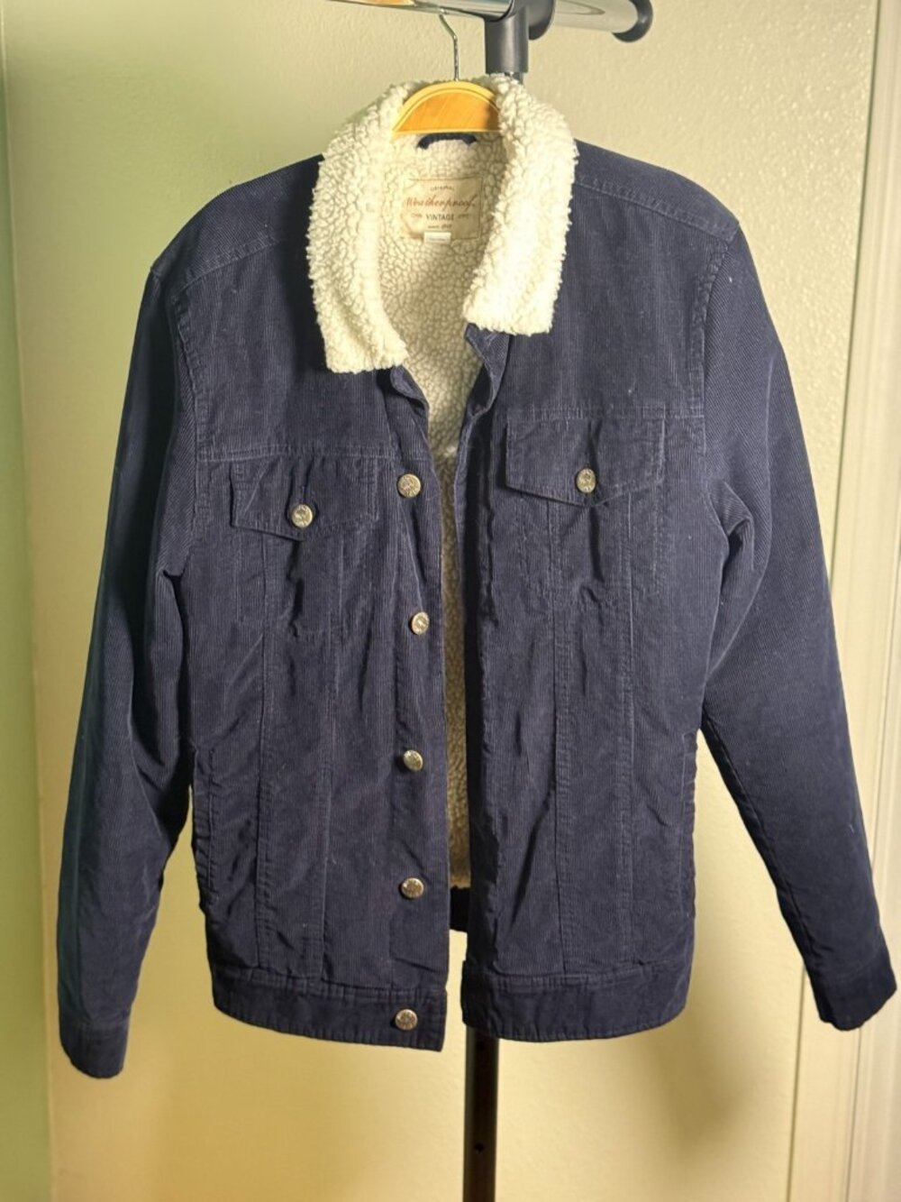 Weatherproof Vintage Navy Corduroy Trucker Jacket Sherpa Lined Collar Men's S